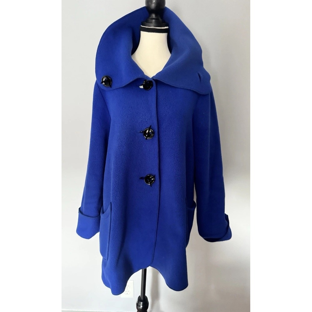 Janska Women's S Blue Fleece Coat Oversized Collar Toggle Button Made USA